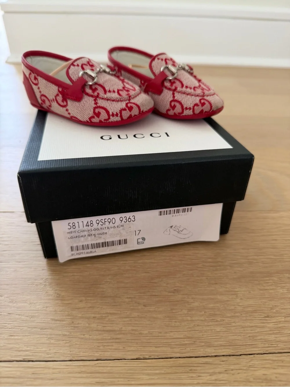 Gucci Kids Red Monogram Moccasins with Horsebit